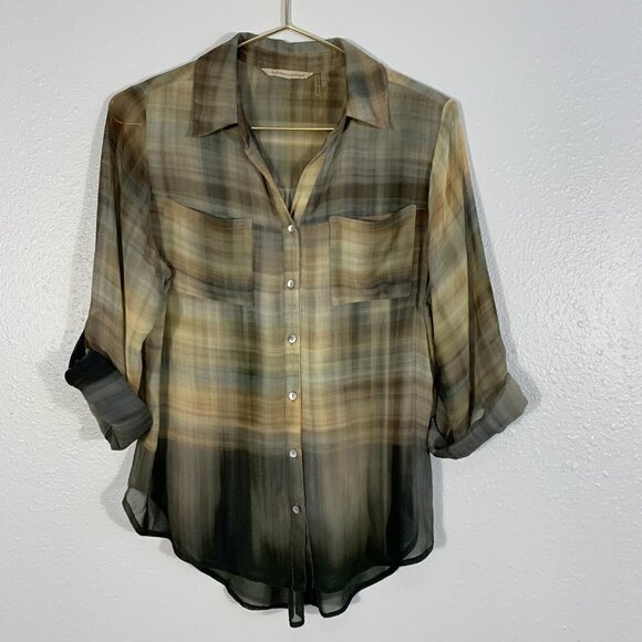 Soft Surroundings Roll Tab Long Sleeves Sheer Plaid FRont Button Shirt PS - Picture 1 of 8